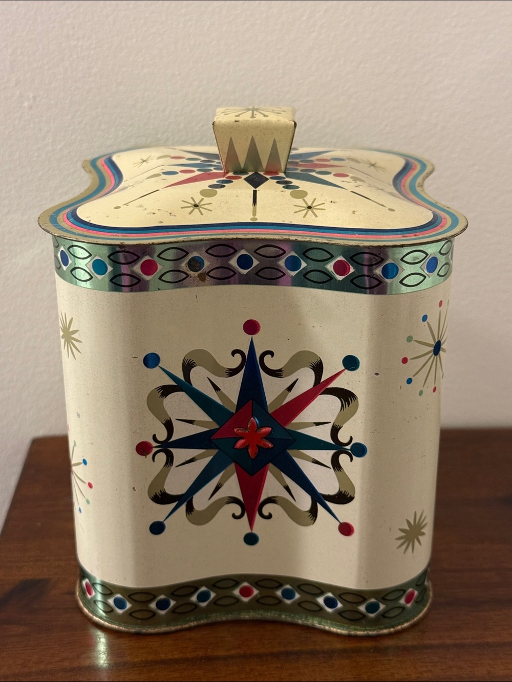 Vintage 1960 S.L.K CO Atomic Starburst Colorful Candy Tin Canister w/ Lid
